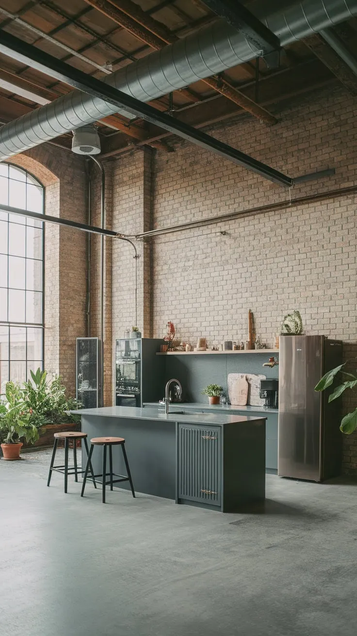Exposed brick, high ceilings, and concrete floors define this loft's industrial kitchen, complete with a large central island.