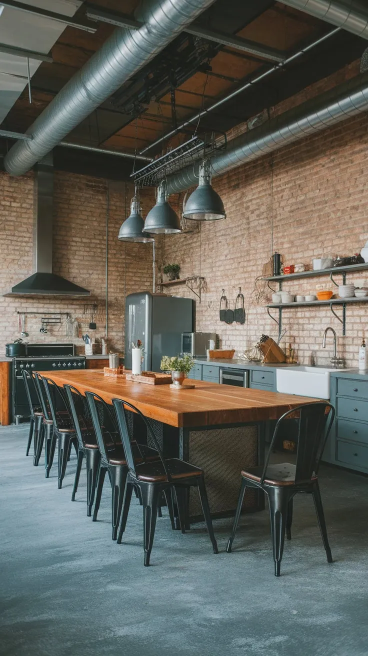 Modern industrial design shines in a kitchen featuring a central wooden island, black metal chairs, and exposed brick walls.