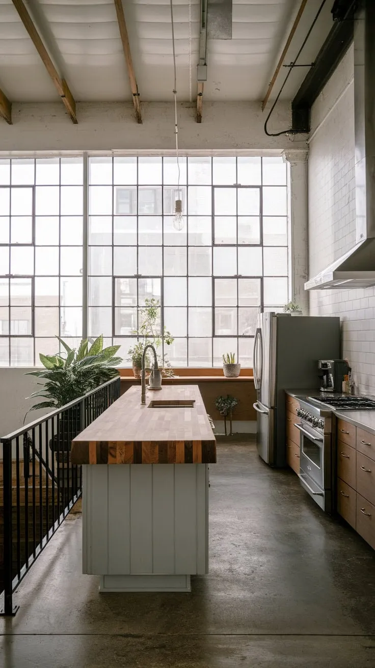 A high-ceilinged industrial kitchen boasts a long butcher block island, concrete floors, and ample natural light.