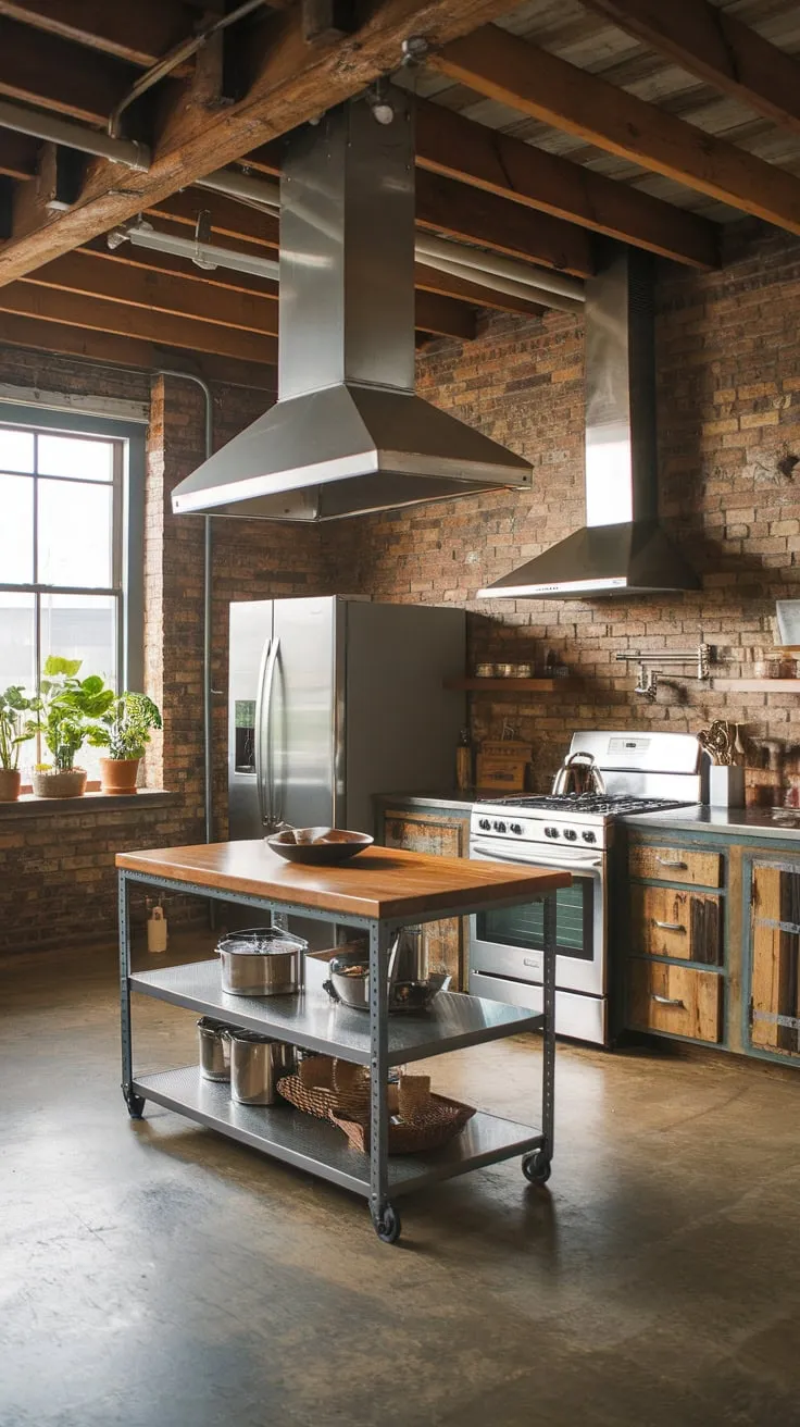 Exposed brick, steel, and wood combine in this industrial kitchen's stylish island and appliance-filled design.