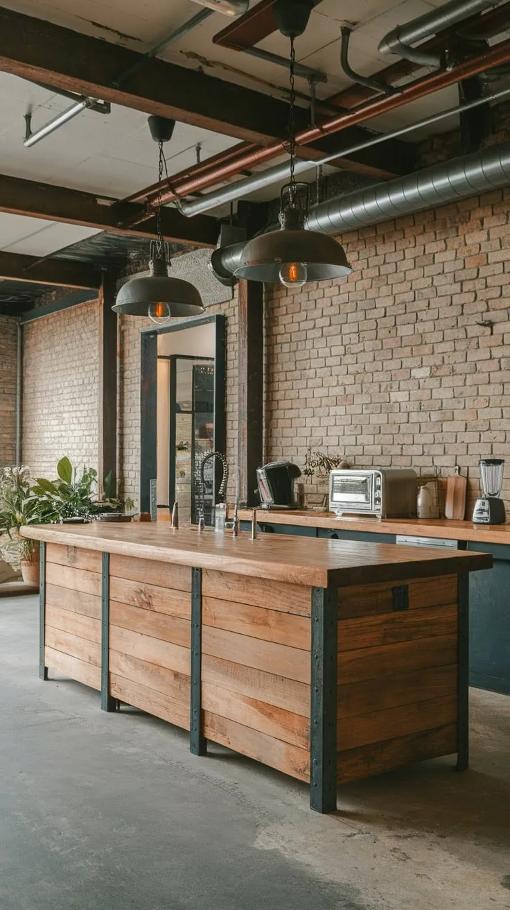 A wood island anchors a raw, industrial kitchen defined by exposed brick, metal beams, and concrete.