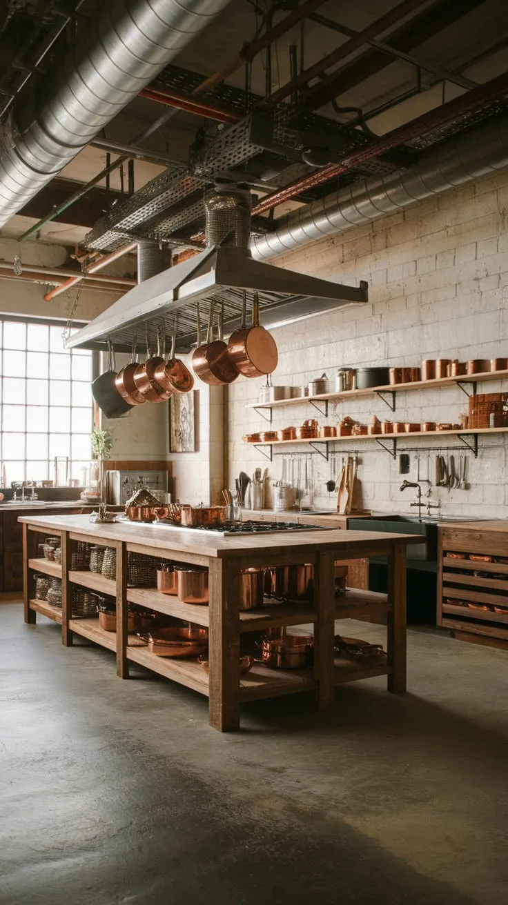 A spacious industrial kitchen boasts a large wooden island, exposed pipes, copper cookware, and concrete floors under bright lighting.