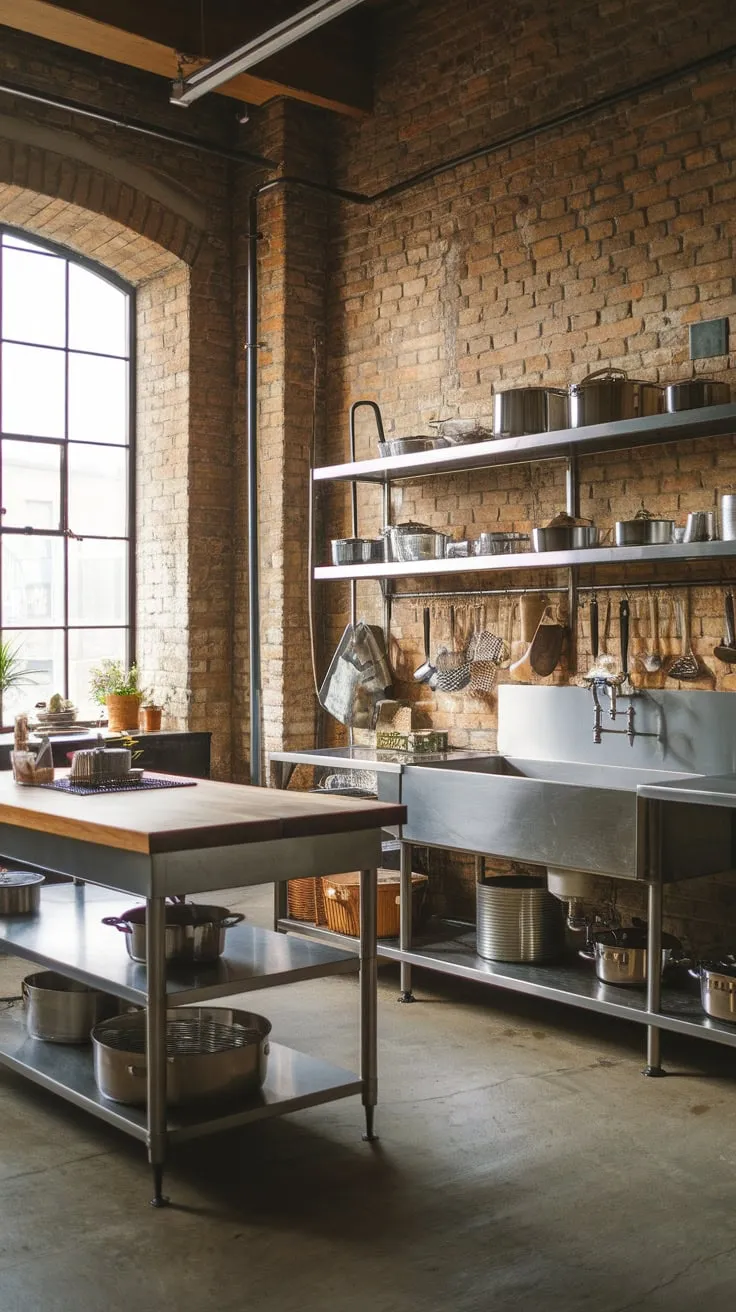 Exposed brick, steel, and concrete create a stylish industrial kitchen bathed in natural light.