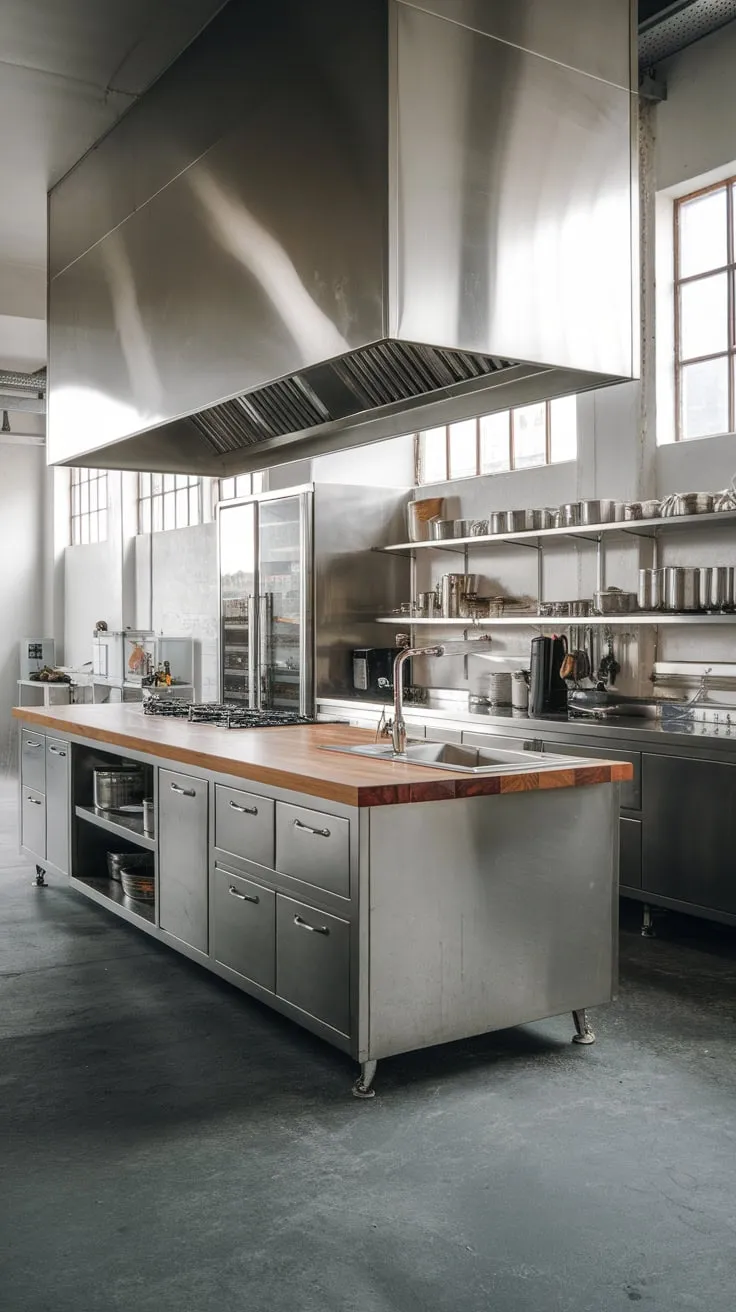 Sunlight streams into a sleek industrial kitchen featuring a wood-topped island and stainless steel cabinetry