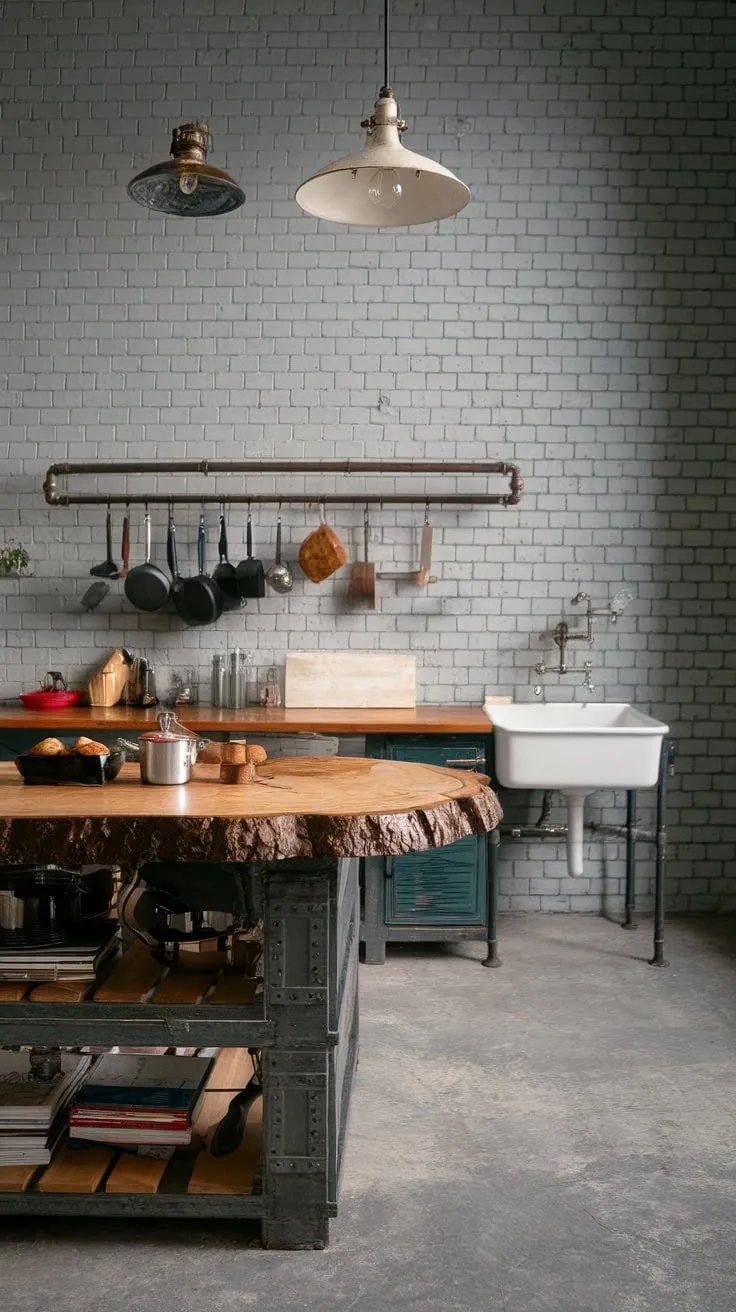 A vintage-style kitchen blends industrial design with natural materials for a unique aesthetic.
