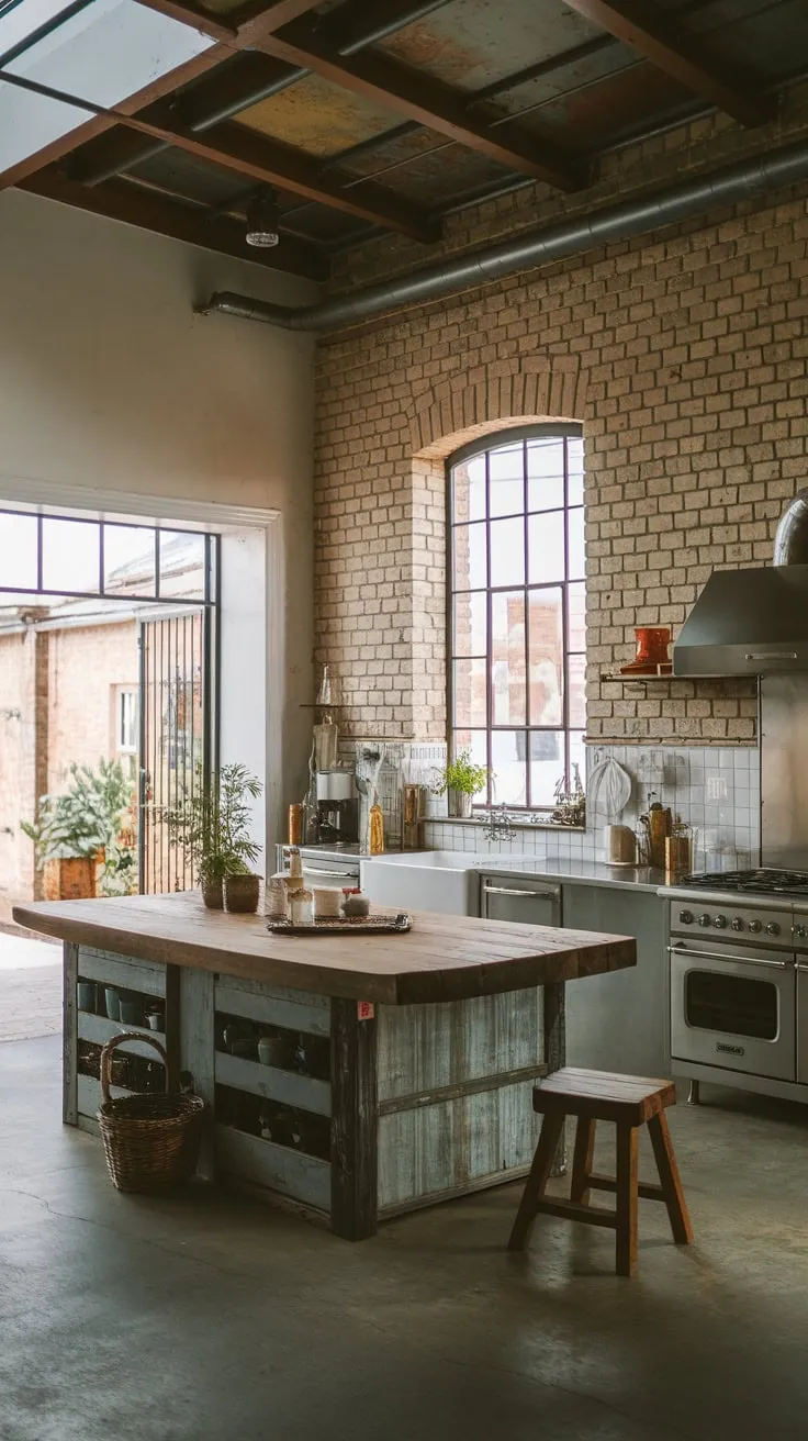 Exposed brick and concrete floors meet a warm wooden island in this high-ceilinged industrial kitchen.