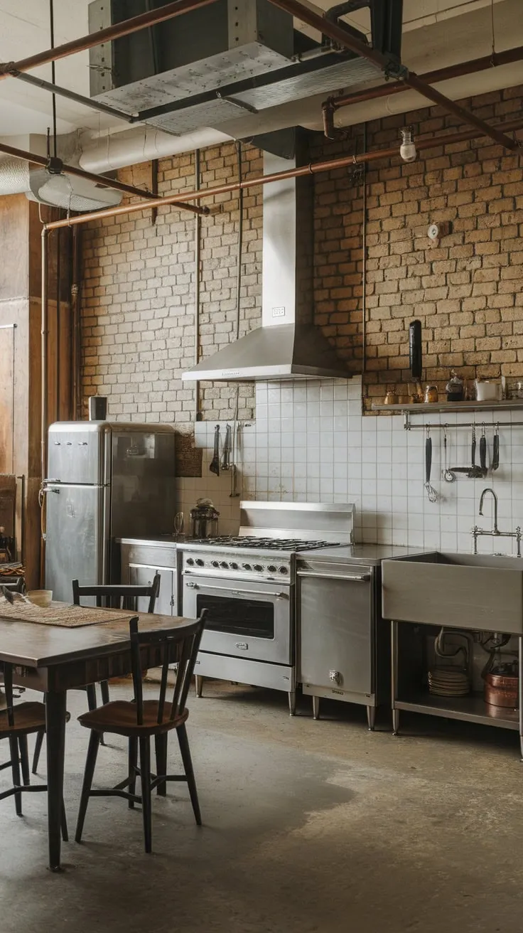 Vintage industrial charm meets rugged functionality in this stainless steel and exposed brick kitchen.