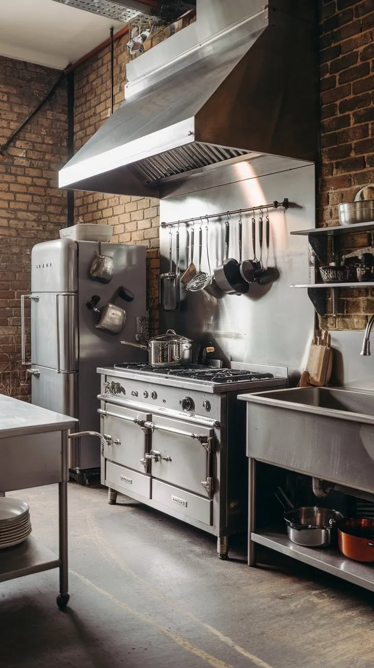 Vintage stainless steel appliances and exposed brick walls define this utilitarian industrial kitchen's character.