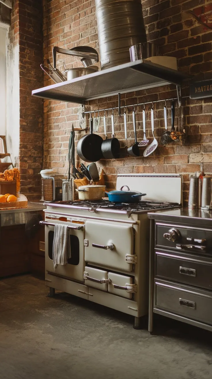 Vintage charm meets industrial grit in a stainless steel kitchen featuring exposed brick and a retro stove.