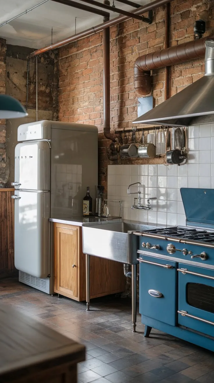 Exposed brick and vintage appliances create a charmingly utilitarian industrial kitchen.