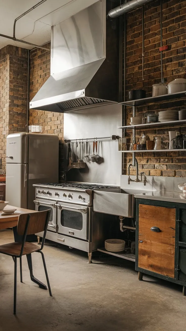 A vintage industrial kitchen design blends exposed brick and stainless steel appliances for a utilitarian yet inviting space.
