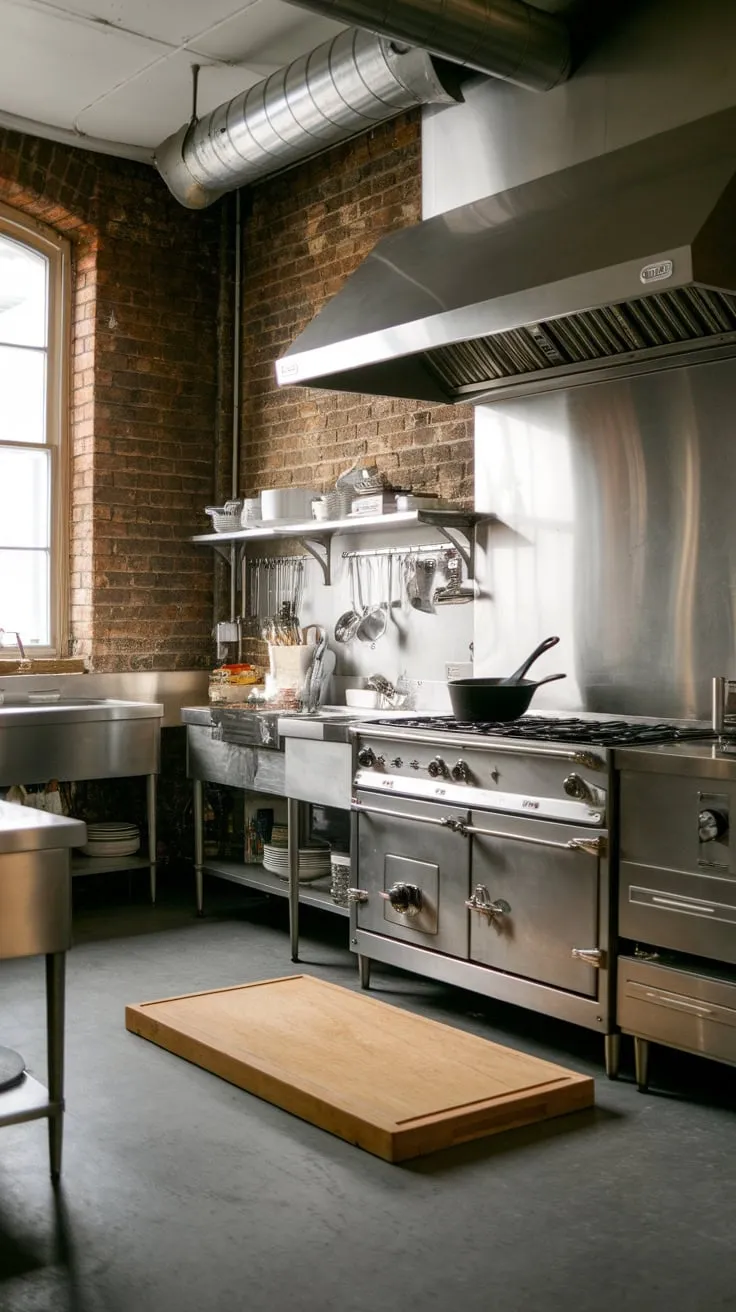 Vintage charm meets industrial strength in this meticulously maintained kitchen, where exposed brick and stainless steel create a stunning culinary workspace