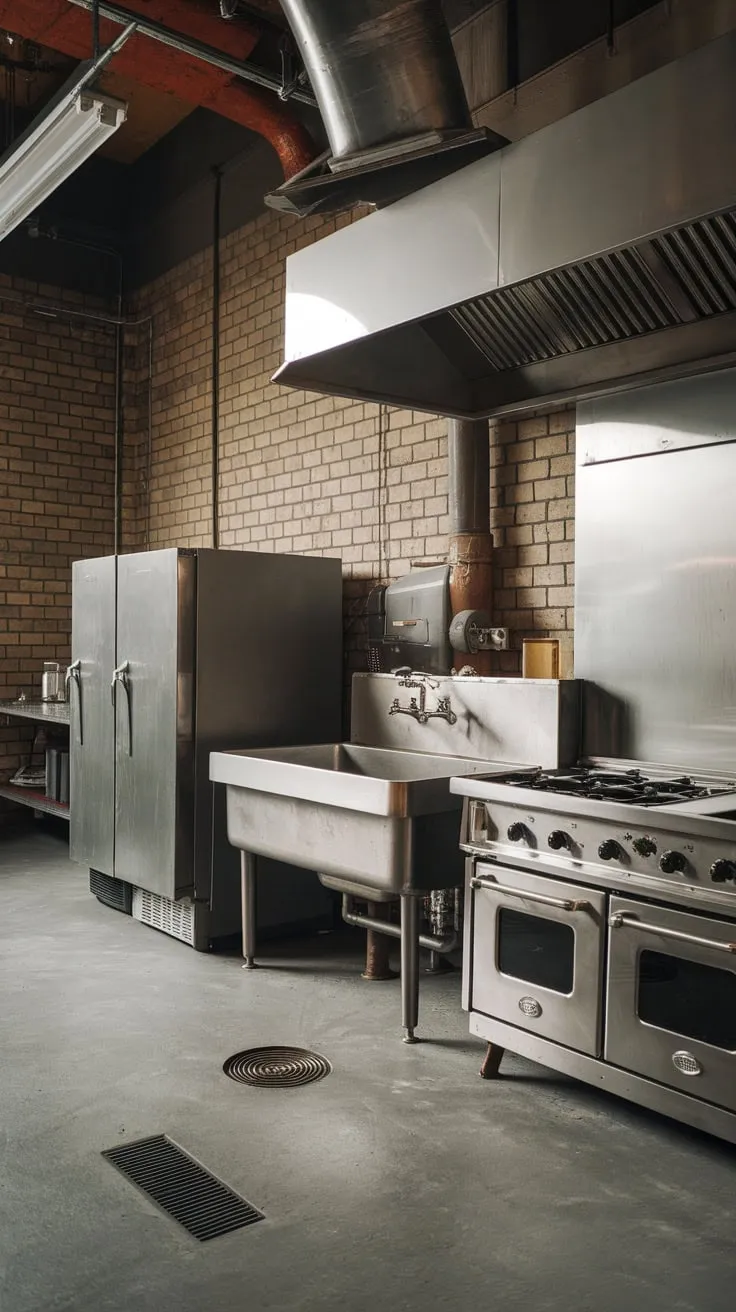 A gritty, functional industrial kitchen scene is captured, showcasing vintage equipment and raw materials.