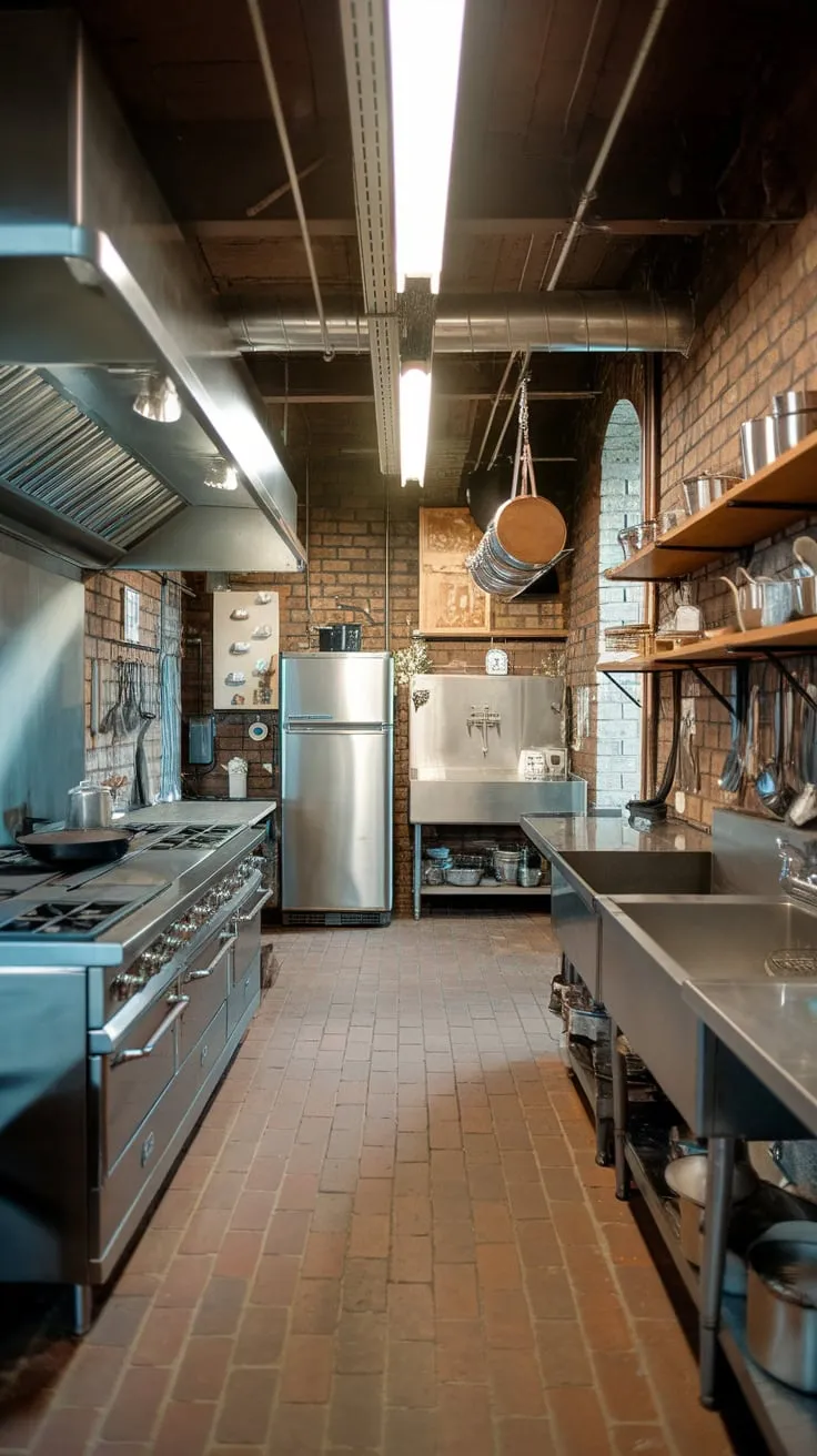 Vintage charm meets industrial grit in this stainless steel kitchen, its brick walls and exposed pipes a backdrop to bustling culinary action
