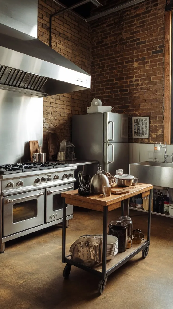 Exposed brick walls and stainless steel appliances create a utilitarian yet charming industrial kitchen.