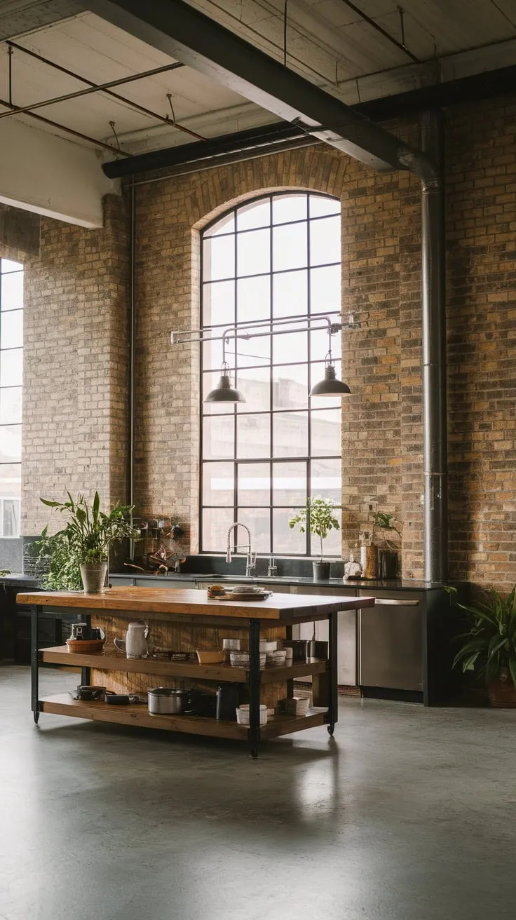 A modern industrial kitchen blends raw brick and concrete with warm wood and greenery, creating a stylish and inviting space.