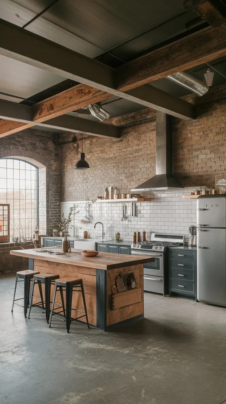A modern industrial kitchen boasts exposed brick, high ceilings, and a large wooden island, creating a stylish and functional cooking and dining space.