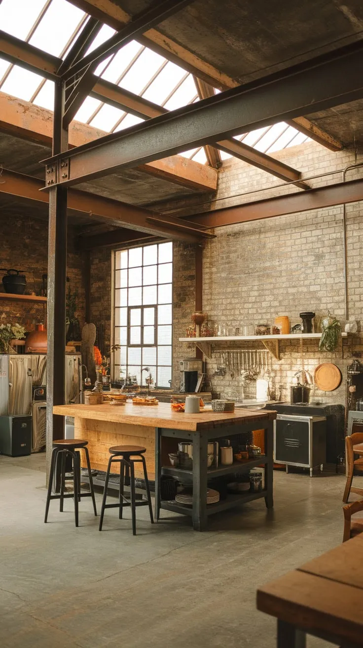 Warm natural light floods a high-ceilinged industrial kitchen, its exposed brick and steel beams contrasting with a welcoming wooden island and scattered culinary tools.