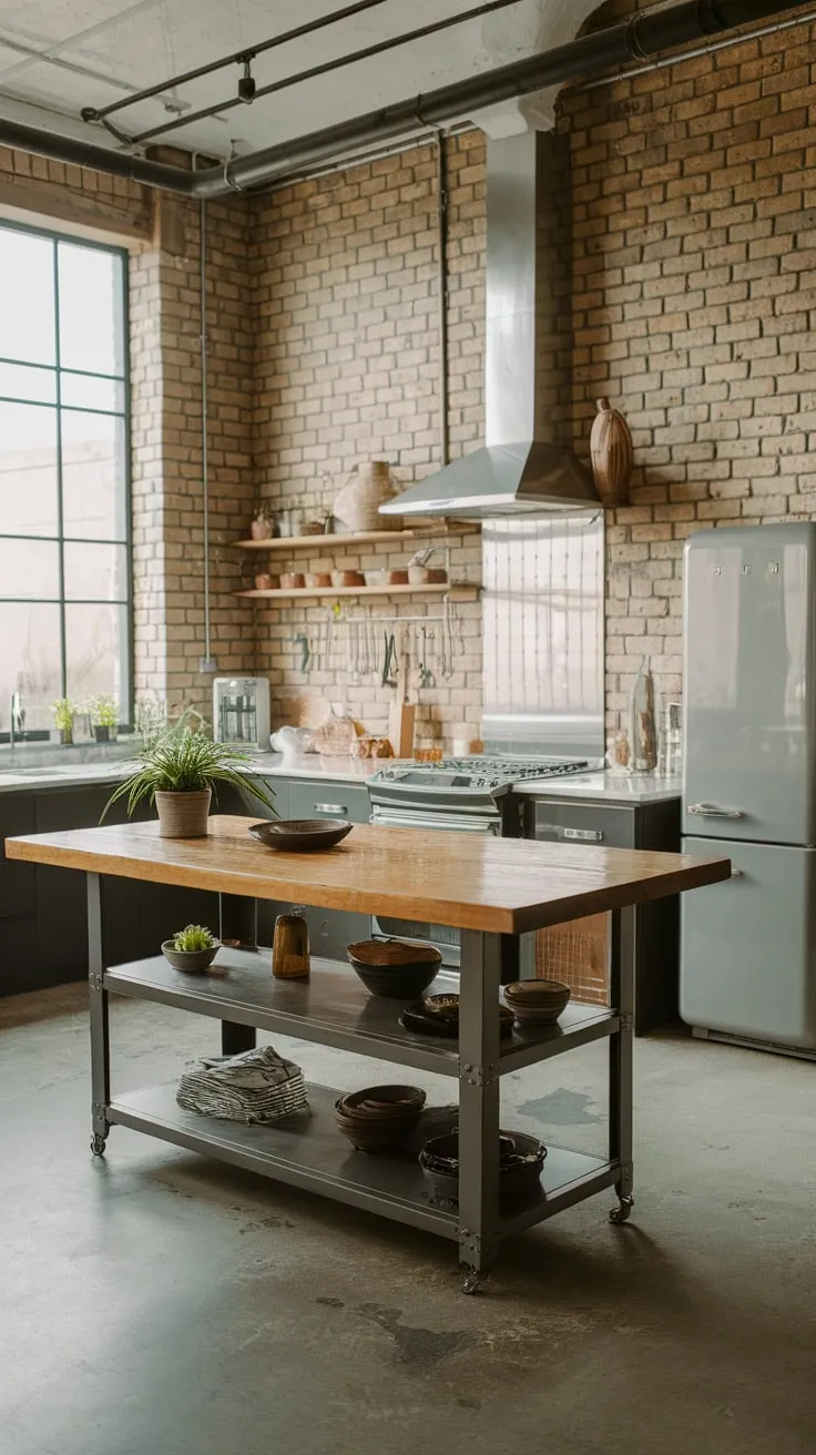 Exposed brick, concrete floors, and a metal-legged island define this modern industrial kitchen's raw aesthetic.