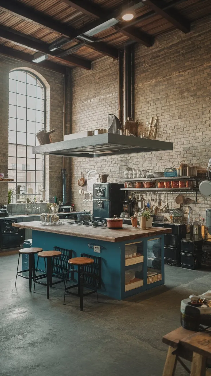 Bright lighting illuminates a spacious brick and wood kitchen island in a modern urban loft.