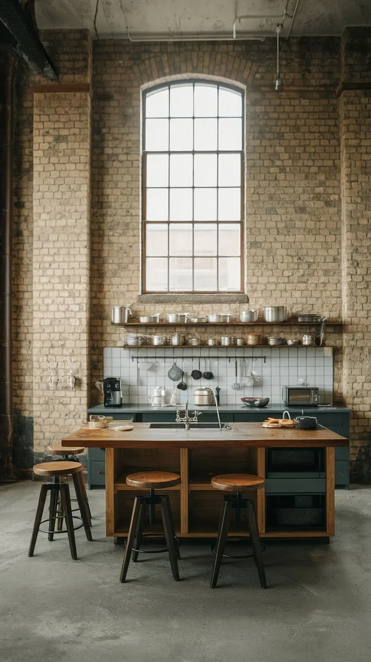 A spacious industrial loft kitchen boasts exposed brick, concrete floors, and a large wooden island, bathed in natural light from a high window.