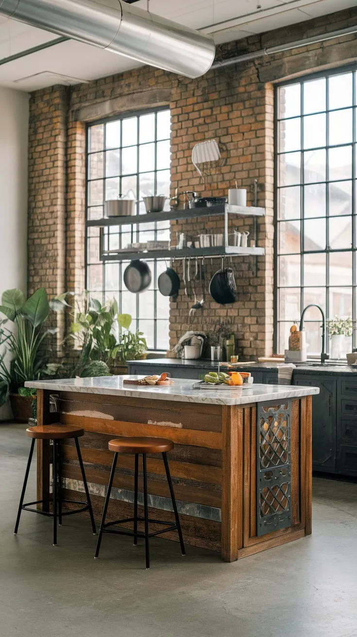 Exposed brick, concrete floors, and a wood-topped island define this airy industrial kitchen, accented by greenery and gleaming metal cookware.