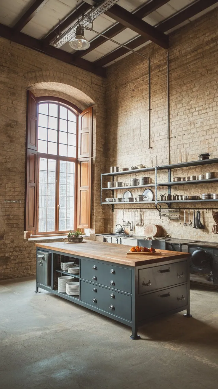 Exposed brick, high ceilings, and a concrete-floored island define this industrial kitchen's spacious, functional design.