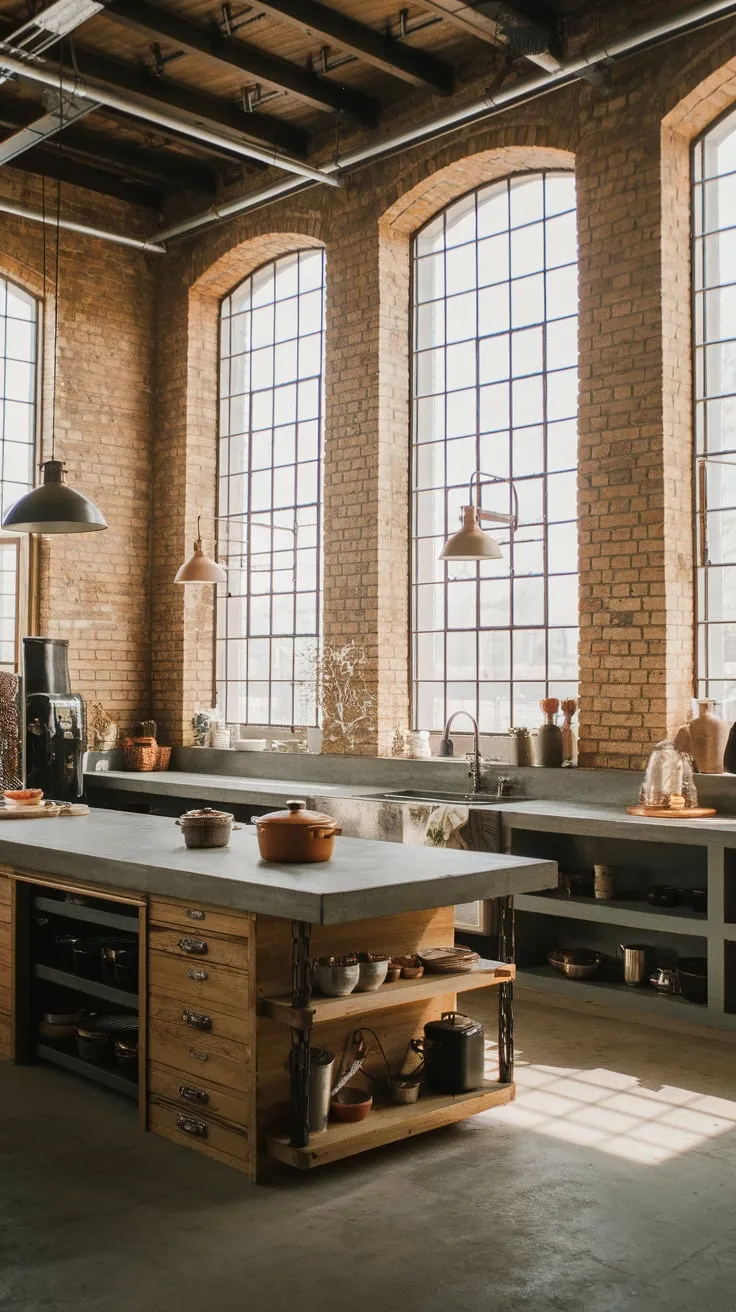 Sunlight streams into a spacious industrial kitchen featuring exposed brick, concrete surfaces, and a wood island.