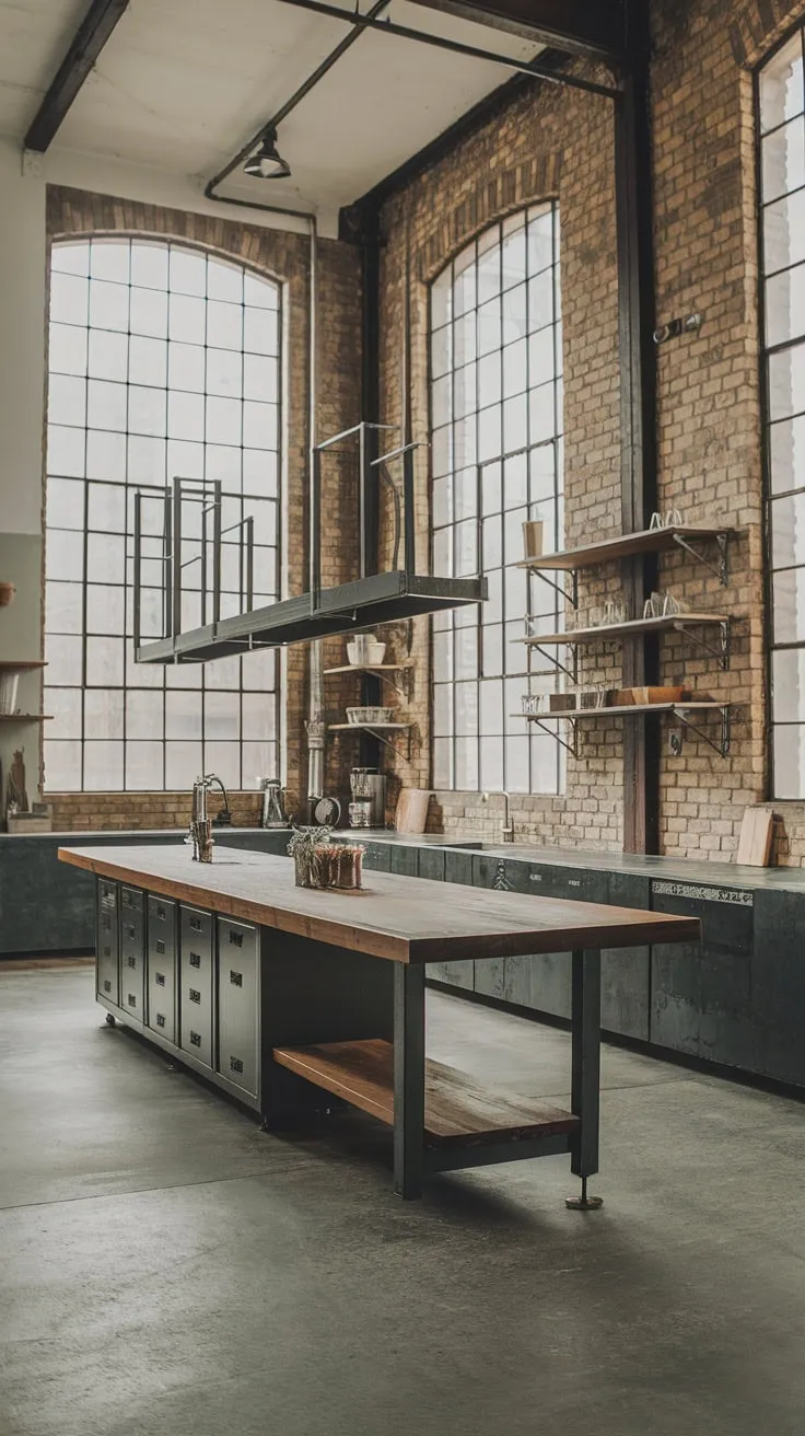 High ceilings, exposed brick, and a metal-and-wood island define this modern industrial kitchen's spacious design.