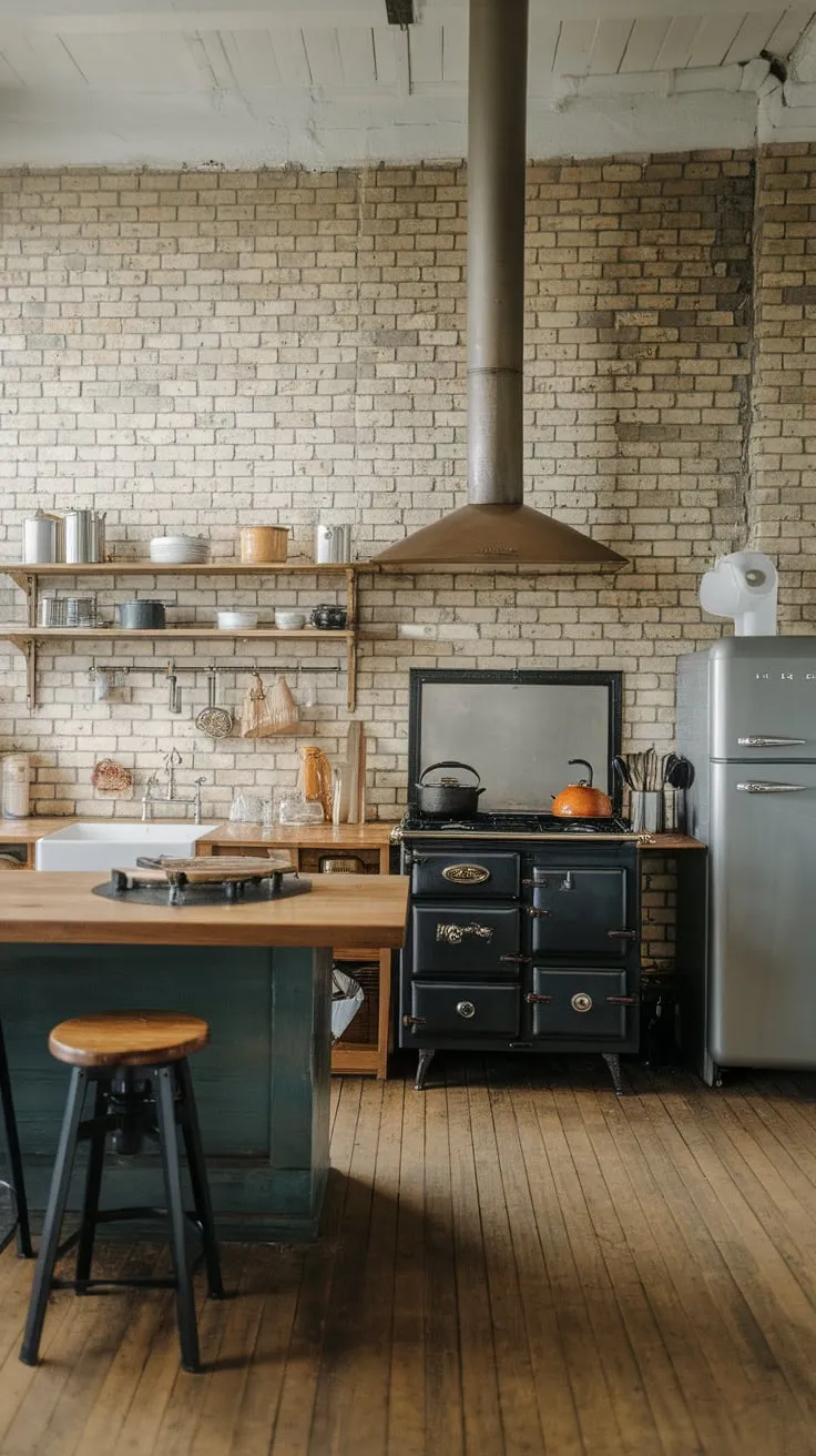 Exposed brick walls and a large wooden island define this loft-style industrial kitchen, complete with vintage stove and ample cooking space.