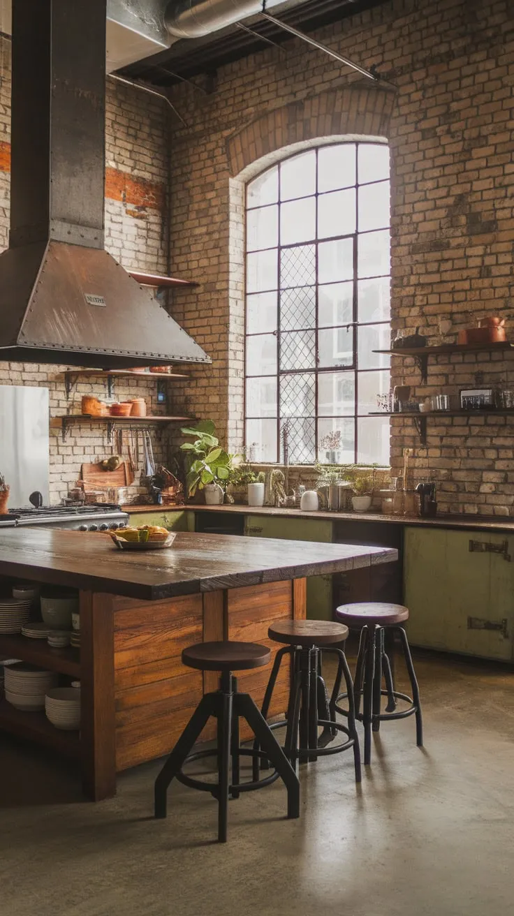 Warmth and industrial style blend in this inviting kitchen, featuring exposed brick, a concrete floor, and a dark wood island.