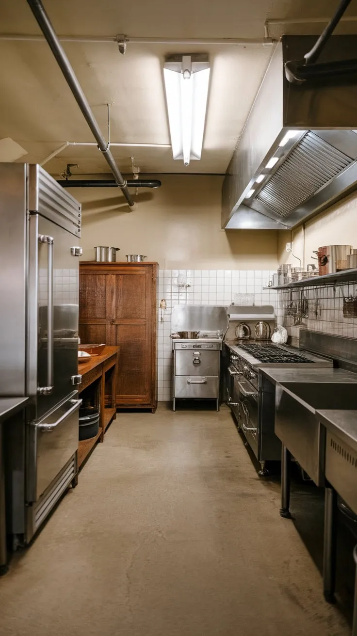 A utilitarian industrial kitchen, featuring vintage steel and wood, exudes clean functionality.