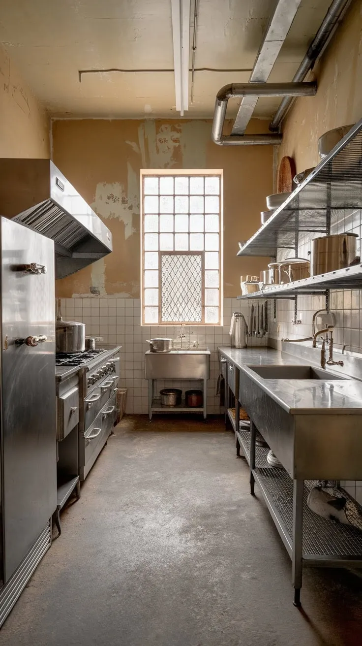 A weathered concrete floor and metal shelving complete the robust aesthetic of this vintage industrial kitchen.
