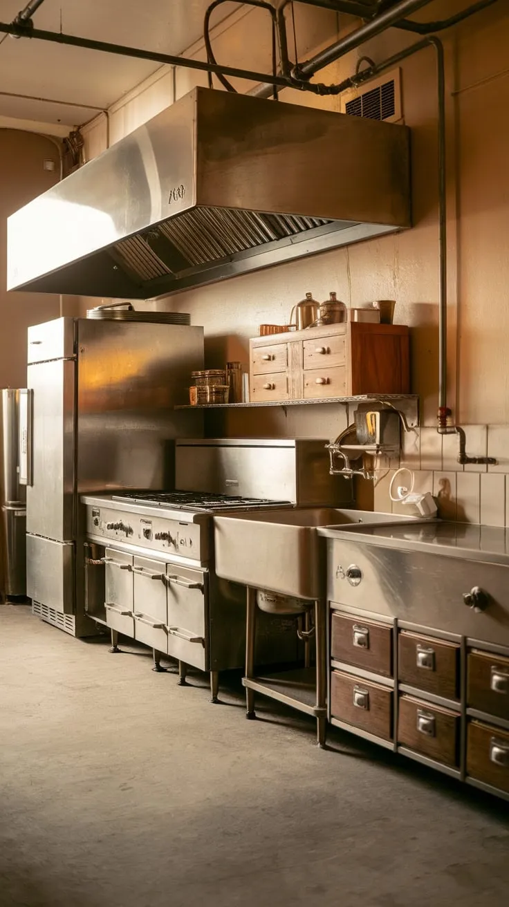 Warm lighting and vintage stainless steel appliances create an inviting atmosphere in this utilitarian industrial kitchen.
