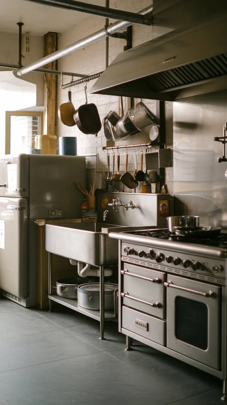 A vintage industrial apartment kitchen boasts utilitarian stainless steel appliances and a grey-tiled floor, showcasing a functional yet stylish design.