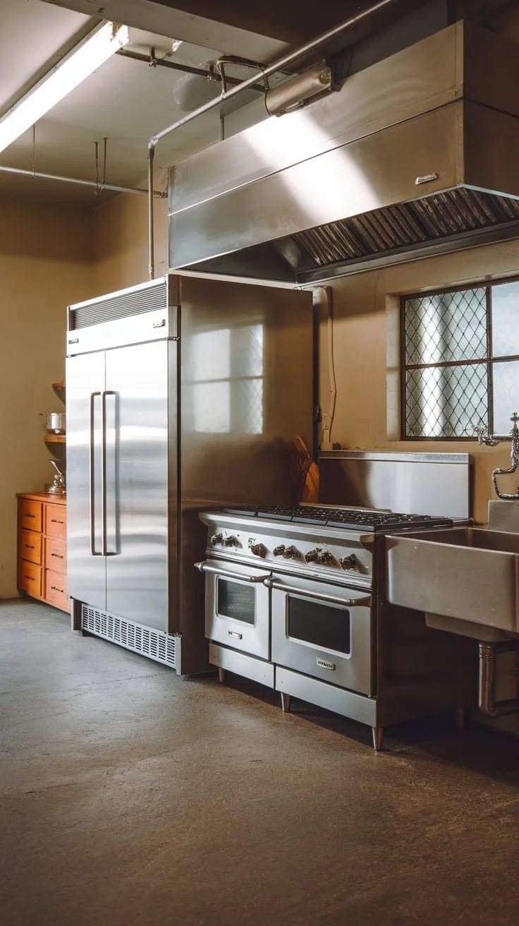 Brightly lit stainless steel appliances and utilitarian design define this vintage industrial kitchen's rugged charm