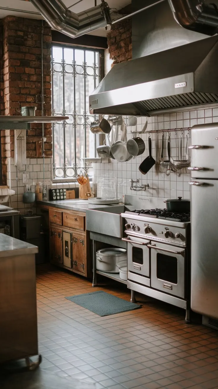 Vintage industrial charm meets hardworking functionality in this stainless steel kitchen.