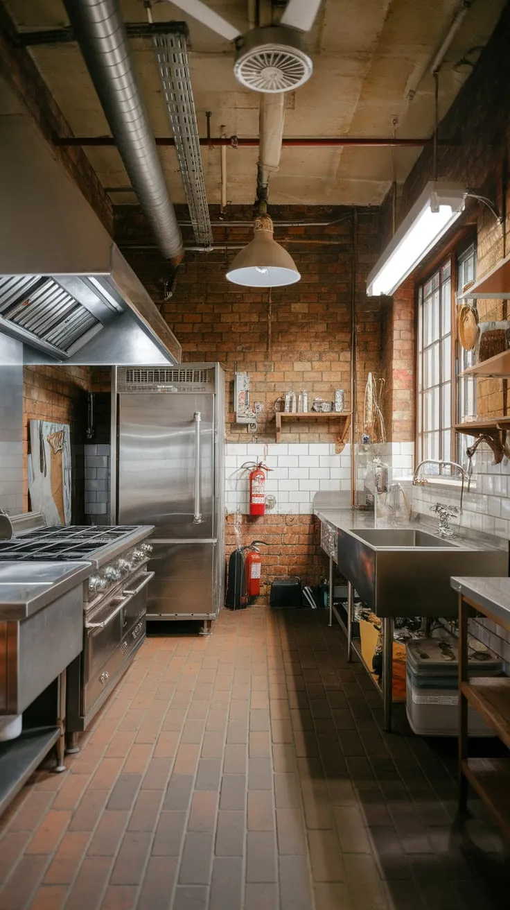 Vintage industrial charm meets rugged functionality in this stainless steel and brick kitchen, complete with essential appliances and tools.