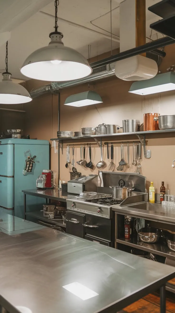 Vintage charm meets industrial strength in a beige-walled kitchen boasting stainless steel and retro appliances.