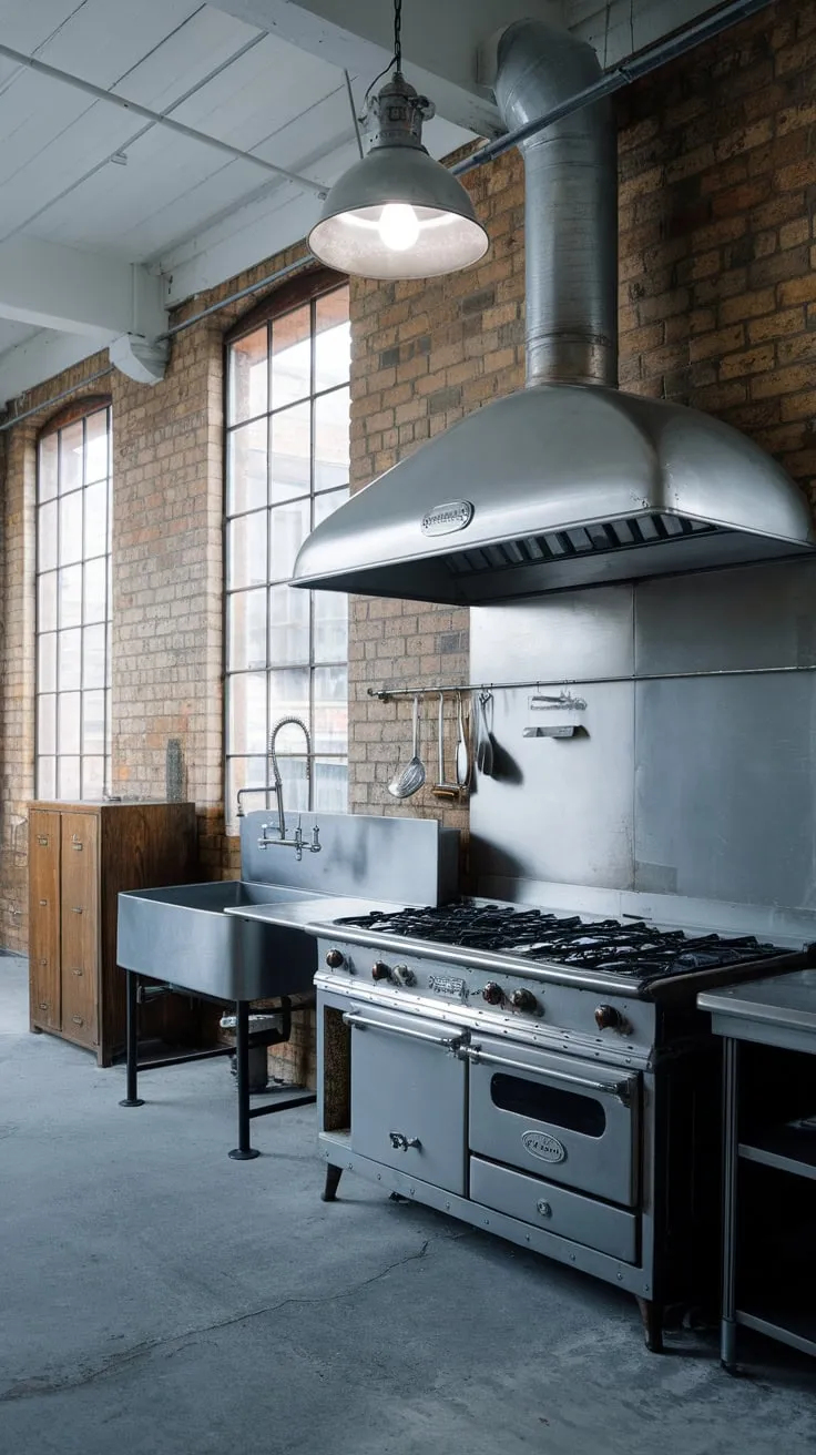 Cool light floods a vintage industrial kitchen featuring a massive stainless steel stove and exposed brick, creating a utilitarian yet bright space