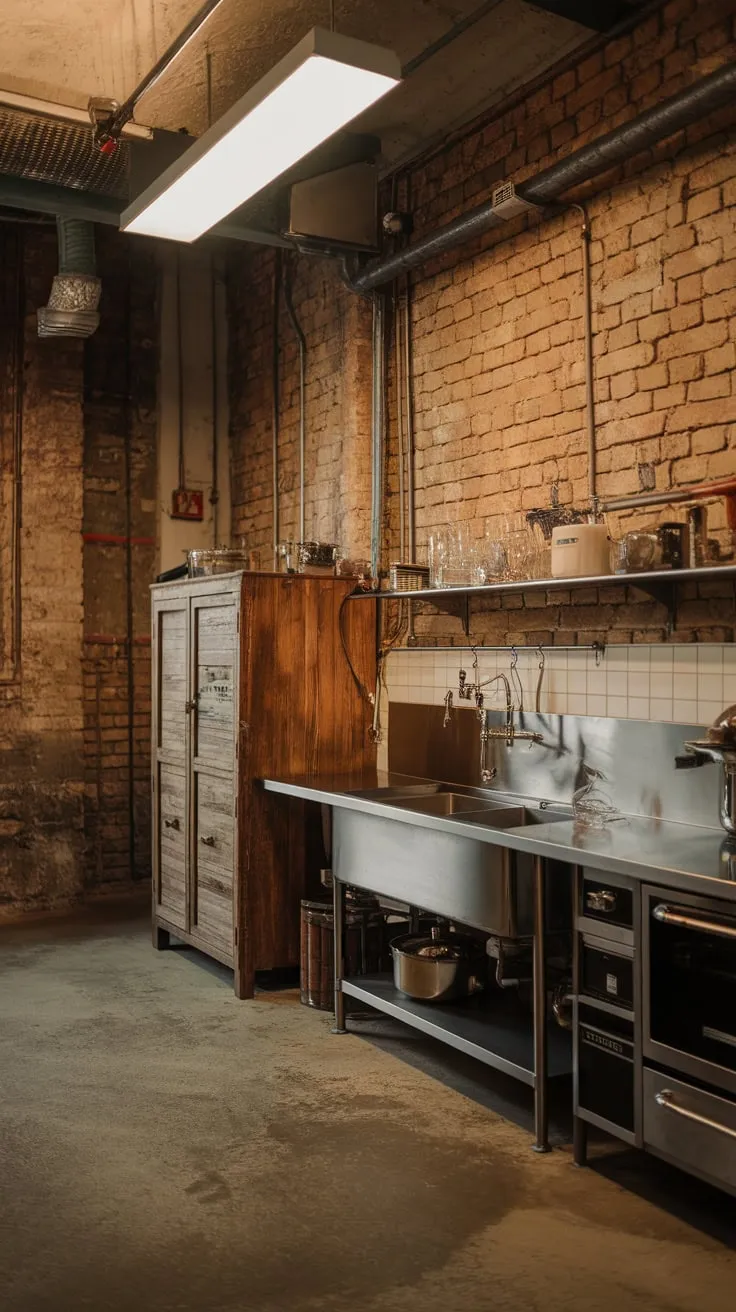 Vintage industrial charm fills a cozy kitchen featuring stainless steel appliances, exposed brick, and concrete floors.