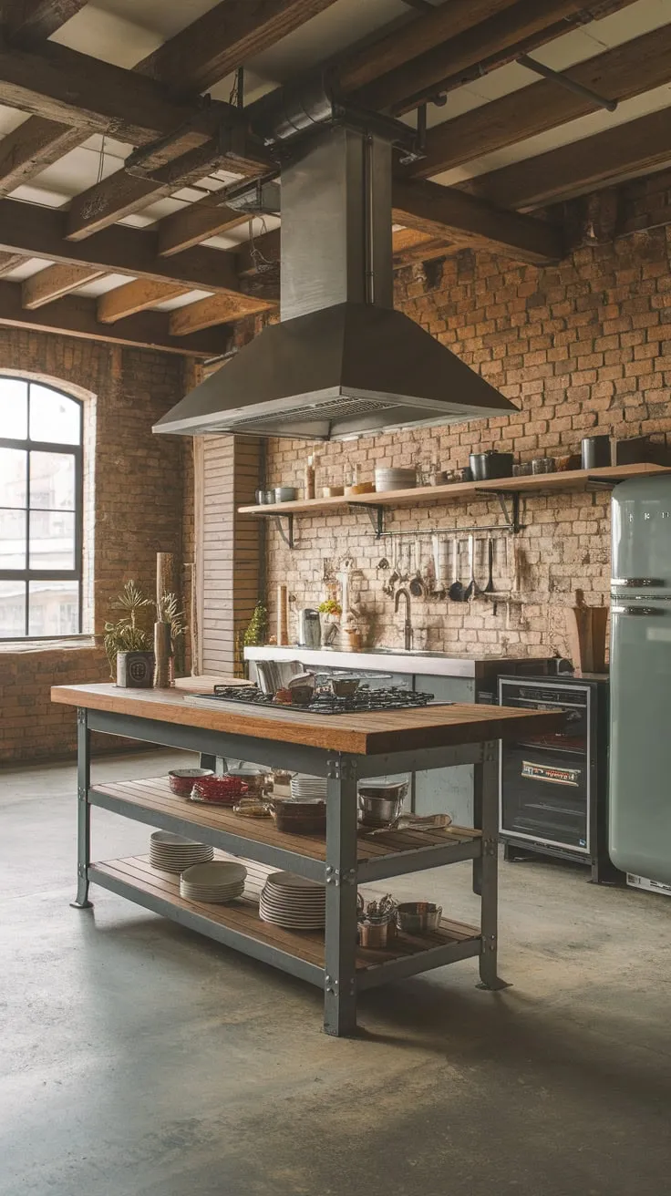 A warm, inviting industrial kitchen features exposed brick, wooden beams, and a metal-legged island topped with wood and cooking utensils.
