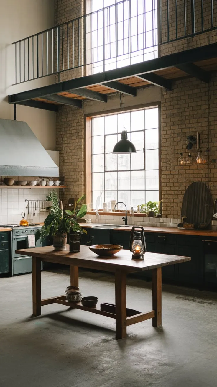 High ceilings, exposed brick, and a concrete floor create an industrial kitchen with loft charm.