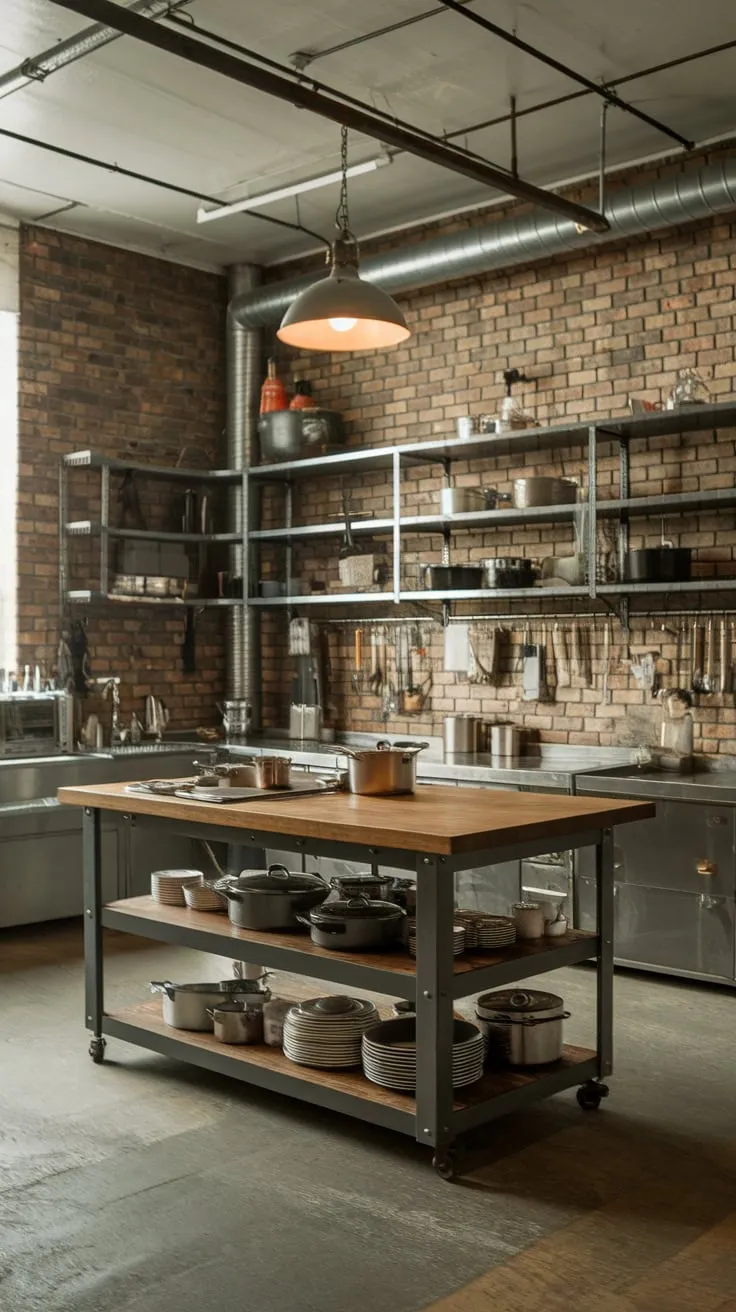 Exposed brick, metal, and wood combine in this urban industrial kitchen's spacious, concrete-floored design.