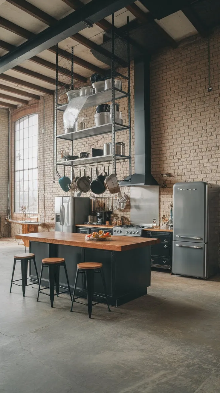 A spacious loft kitchen boasts exposed brick, a large wood-topped island, and high ceilings, creating an airy industrial ambiance.