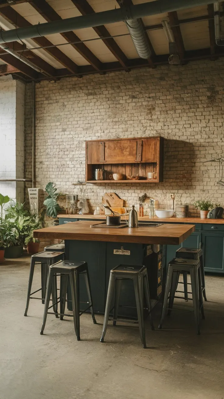 A concrete-floored kitchen blends industrial pipes and beams with inviting wooden accents and potted plants.