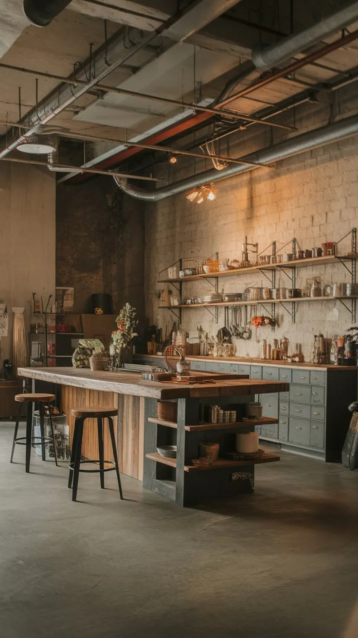 Warm lighting and exposed pipes highlight a wood-topped island in this inviting industrial kitchen loft.