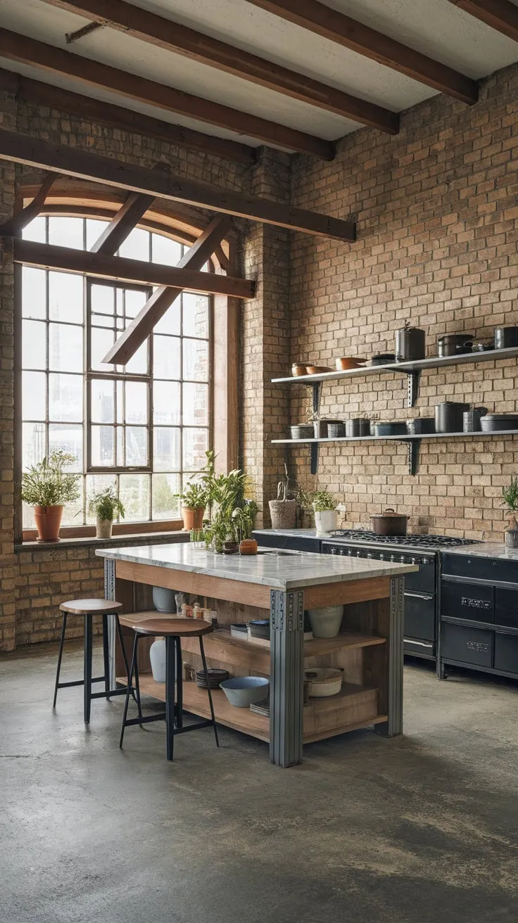 A loft-style industrial kitchen boasts exposed brick, concrete floors, a large wooden island with marble, and metal shelving showcasing culinary tools.