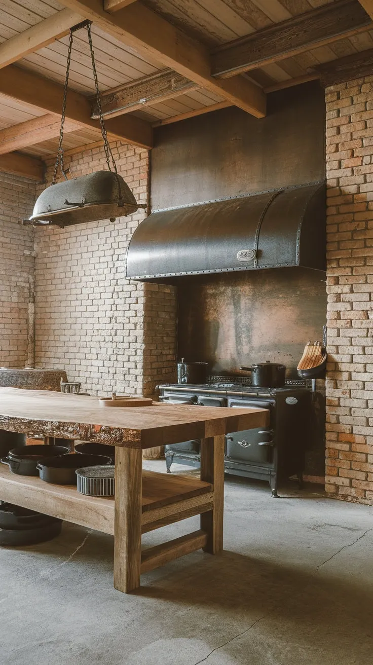 Exposed brick, wood, and concrete create a raw, industrial kitchen aesthetic centered around a large wooden island.