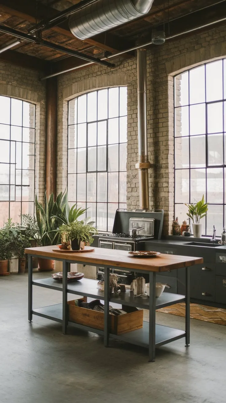 Exposed brick, high ceilings, and a metal-framed island define this industrial kitchen's raw, inviting aesthetic.